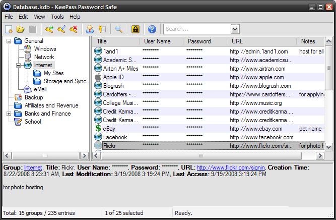 The main interface of KeePass separates passwords Groups on the left and Entries on the right. Hereâ€™s what it looks like on my computer: