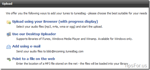 TunesBag - Upload Options
