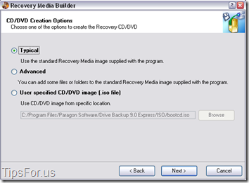 Paragon Drive Backup Express - DVD Creation Options