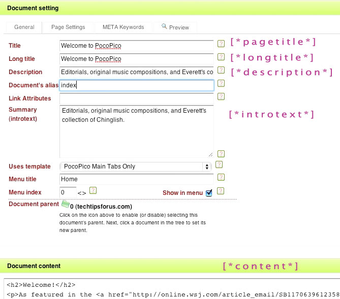 MODx uses simple placeholders for templates